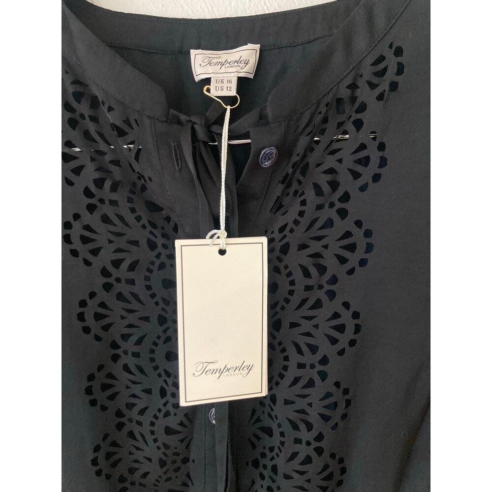Temperley London Women's Black Jacques Tie Button Front Blouse Top 12 Eyelet - Picture 4 of 13
